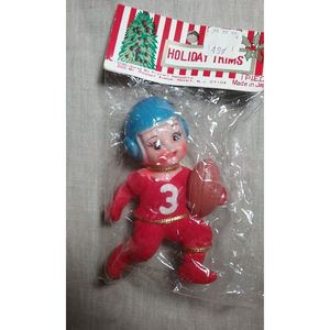Vintage Holiday Trims Ornament Boy Playing Football Japan NOS